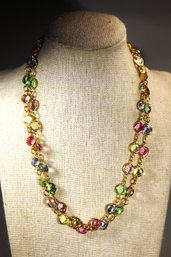34' Long Vintage Gold Tone Multi Colored Crystal Stones