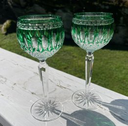 Pair Of Stunning Waterford Crystal Clarendon Emerald Green Hock Wine Glasses Cut To Clear Waterford Stickers