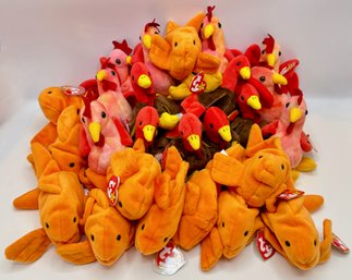25 Ty Beanie Babies With Tags: Turkeys, Roosters & Goldfish