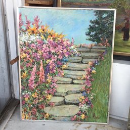 Lovely Vintage Oil On Canvas Painting By Lenci ? Penci ? - Very Nice Bright And Colorful - Path And Flowers