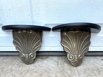 Pair Of Stylish Brass Scallop Shell Form Shelf Sconces