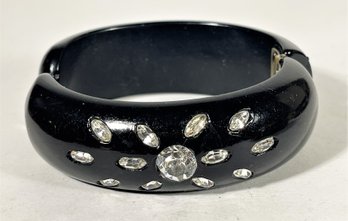 Vintage Black Bakelite Rhinestone Clamper Hinged Cuff Bracelet