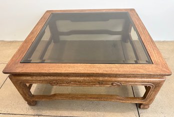 Large Mid Century Square Carved Wood & Glass Coffee Table