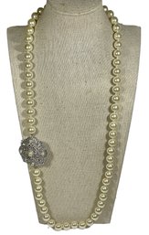 Faux Pearl Necklace W/ Large Silver Tone Rhinestone Pendant