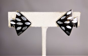 Art Moderne MCM Sterling Silver Enamel Fish Formed Pierced Earrings