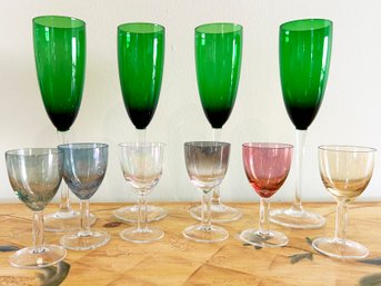 Vintage Mid Century Modern Colored Glass Cordials And Champagne Flutes