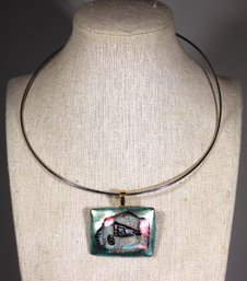 Fine Silver Tone Torque Necklace Having Fine Signed Art Glass Pendant