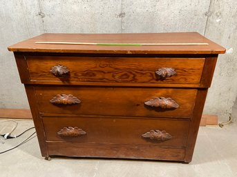 3 Drawer Wood Dresser Carved Wood Handles On Casters 42x18x31.5'