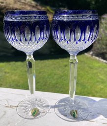 Stunning Pair Of Waterford Crystal Clarendon Cobalt Blue Hock Wine Glasses Cut To Clear Waterford Stickers