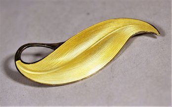 Large Yellow Enamel On Sterling Silver Scandinavian Leaf Form Brooch