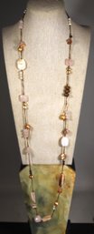 Signed Elongated Necklace Rose Quartz And Shell Elongated Necklace 34' Long