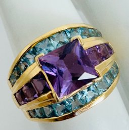 STUNNING 14K GOLD AMETHYST AND AQUA RING