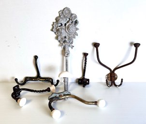 Group Of Five Vintage Porcelain And Metal Hat/ Coat Hooks