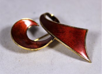 Fine Enamel On Sterling Silver Scandinavian Brooch Red Colored Bow Form