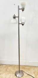 A Brushed Steel Floor Lamp, Milk Glass Shades