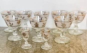 Mid Century Libbey Golden Foliage Glasses-Eight Sherbet And Two Cordial