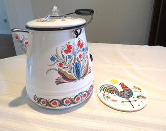 Vintage Berggren Enamel Kettle Coffee Pot And Rooster Trivet