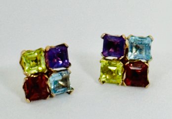 PRETTY 10K GOLD MULTI FACETED GEMSTONE EARRINGS