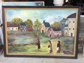 Very Nice Large Antique Oil On Canvas Painting - Original Frame - Houses - People - Lake - Trees - Birds