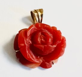 Vintage 14k Gold And Carved Coral Rose Pendant