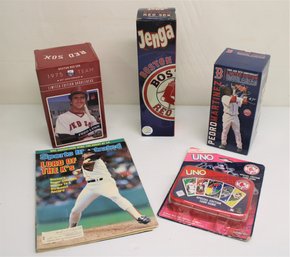 Vintage Boston Red Sox Collectibles W/ Jenga, Signed Pedro Martinez Bobblehead, Uno, Fred Lynn Bobblehead, Etc