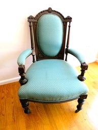 Victorian Green Carved Wood Chair On Wheels