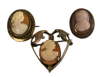 Lot Three Gold Filled Victorian And Later Carved Cameo Brooches Stone & Shell