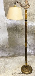 Antique Wood Lamp With Cast Scroll Work Bridge Arm
