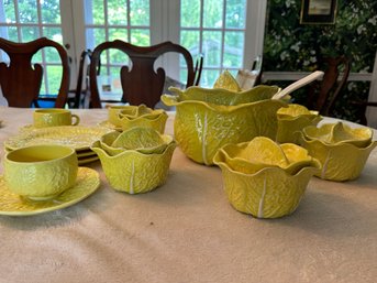 Yellow Cabbage Soup Tureen, Lidded Soup Bowls, Cups, Saucers, Plates From Portugal