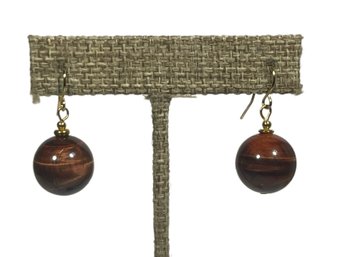 Genuine Cat's Eye Round Stone Gold Tone Pierced Ball Earrings