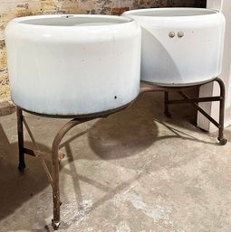 A Pair Of Vintage Washing Machine Drums - Mounted On Base As Drinks Coolers, Planters...You Name It!