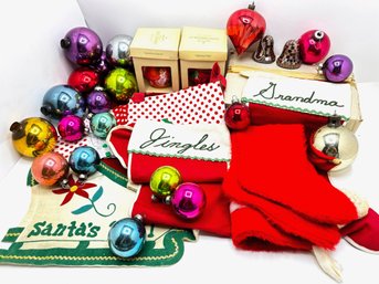 Christmas Stockings  & Over 40 Vintage Christmas Ornaments Including New In Box Hallmark & Disco Bells