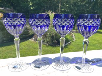 24% Lead Crystal Legends By Godinger Cut To Clear Cobalt Blue Handcrafted In Hungary  8' Wine Glasses