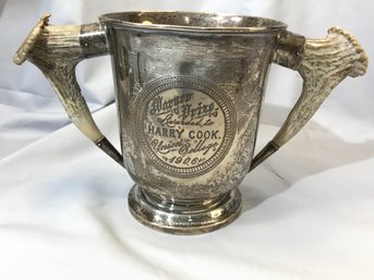 Incredible Antique Sterling Silver Loving Cup Trophy With Stag Antler Handles From 1906 - 15.05 OZT - WOW !