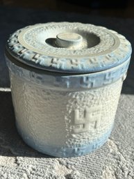 Antique Salt Glazed Stoneware Butter Crock With Good Luck Whirling Logs- Native American