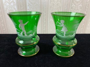 2 Piece Vintage Bohemia Emerald Green Hand Painted Mary Gregory Vase