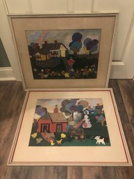 2 - Vintage Fantastic Framed Folk Art Textile Scenes