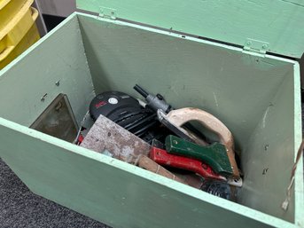 Wood Tool Box Full Of Tools And Power Strips.