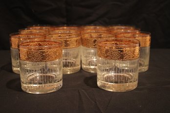 Set Of Fourteen Vintage Culver Tyrol Hollywood Regency Crystal Rocks Glasses With 22K Gold Trim