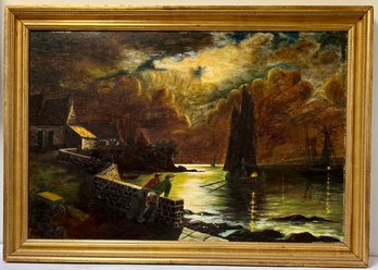 Vintage Oil On Board Painting - Nighttime Scene By The Shore - People Boats House Glowing Colors - 23.5 X 33.5