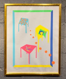 Colorful Vintage Serigraph Titled Three Tables Signed Illegibly Numbered 23/40