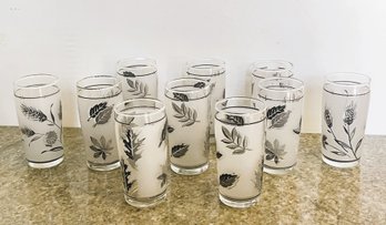 Ten Mid Century Libbey 4' Juice Glasses-Two Silver Wheat And Eight Silver Leaf