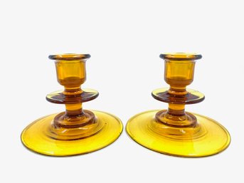 Pair Of Vintage Amber Depression Glass Candlestick Holders