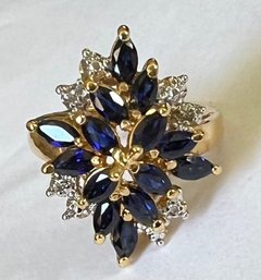 SIGNED GOLD OVER STERLING SILVER BLUE SAPPHIRE AND SMALL DIAMOND RING