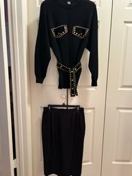 Black Belted Sweater Top & Wool Skirt Size 12