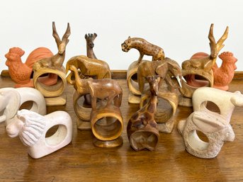 A Large Collection Of Animal Napkin Rings - Carved Wood, Ceramic, And More