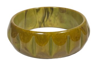 Vintage Marbleized Green Bakelite Bangle Bracelet Ribbed Design