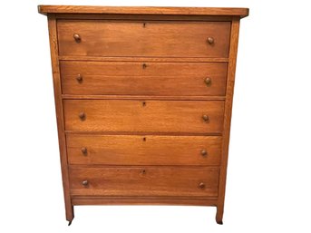 Antique Oak Chest Of Drawers On Casters With Brass Escutcheons & Pulls