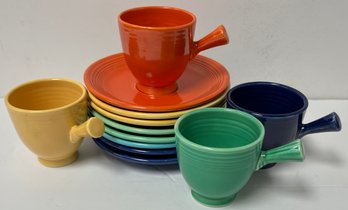 Vintage Lot Fiesta Demitasse 4 Sets Cups & Saucers - Orange Yellow Green Cobalt Blue - Plus Extra Saucers -