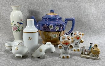 Made In Japan Collections - Sake Set, Vase, Lusterware Tea Pot, Salt/pepper & Figurine